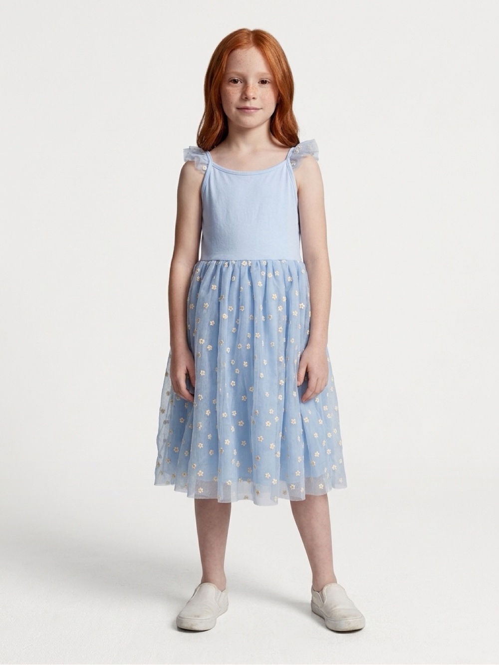 H&M Light Blue Tulle Dress with White Daisy Appliqués